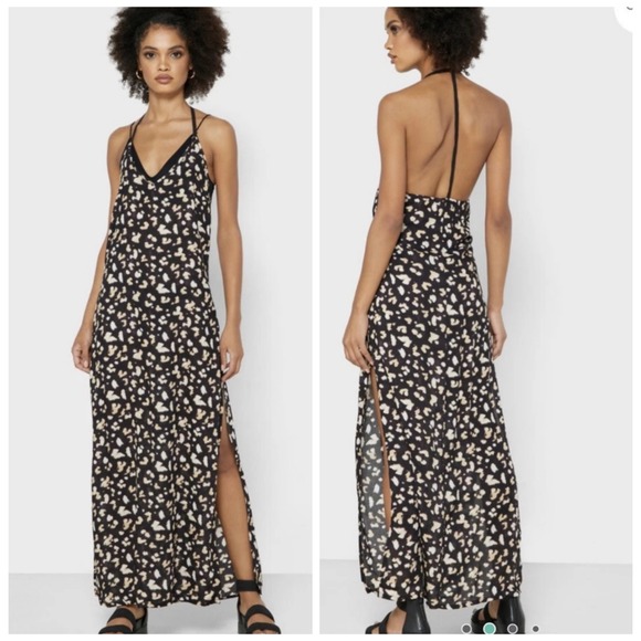 Topshop Dresses & Skirts - TOPSHOP Leopard Print Maxi Dress Halter Neck Side Slits Black Tan Size 8 Coverup